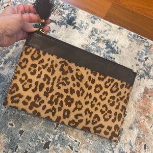 J. Crew Leopard Animal Print Clutch with black leather trim